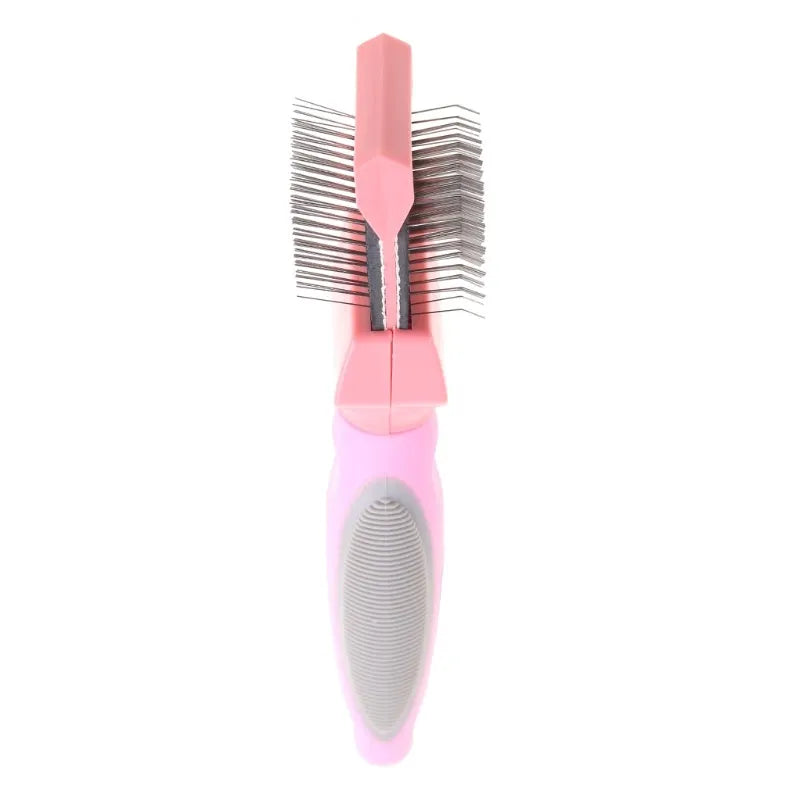 Blue double-sided pet brush showing stainless steel pins on one side and firm bristles on the other.