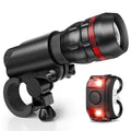 Bicycle headlight and taillight set showing front flashlight, mounting bracket, and separate rear light unit.