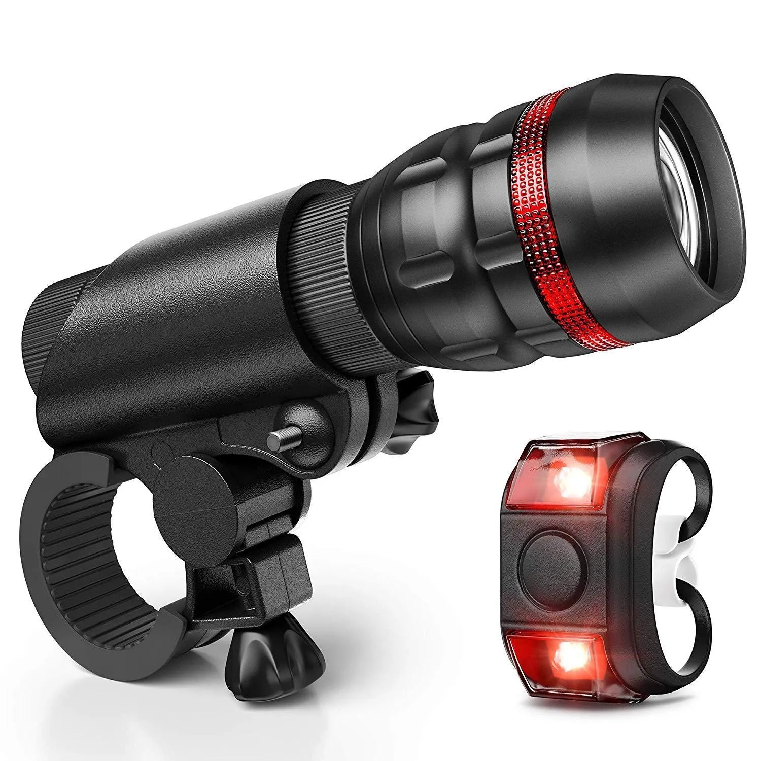 Bicycle headlight and taillight set showing front flashlight, mounting bracket, and separate rear light unit.