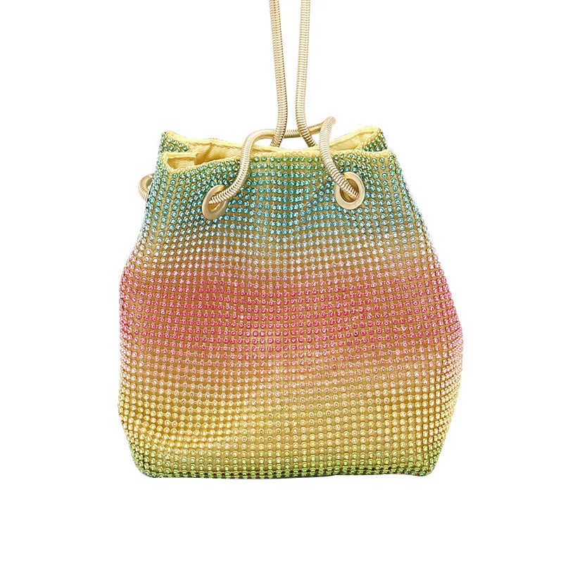 Rainbow rhinestone bucket bag with glittering crystals and a metal chain strap.