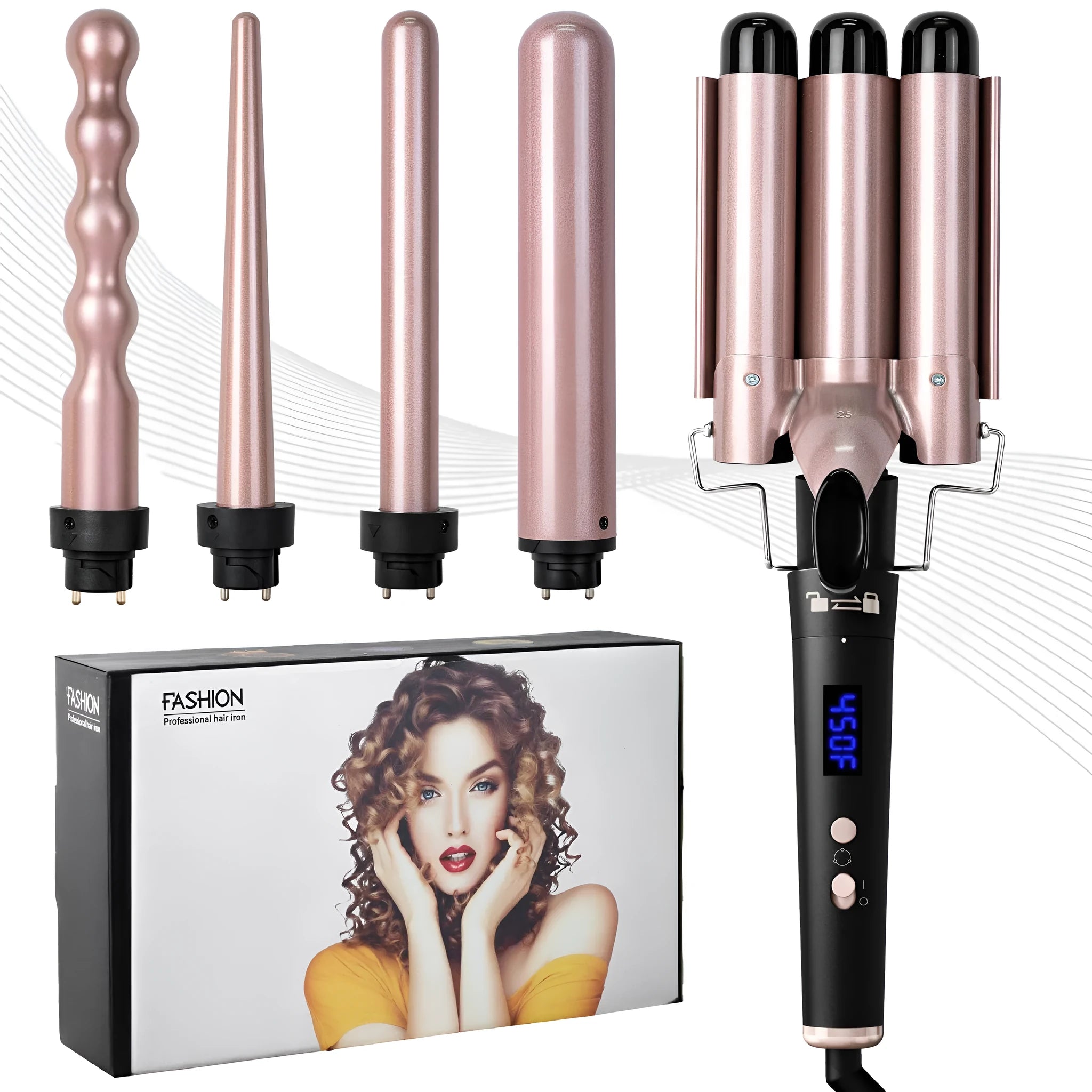 Rose gold five-in-one interchangeable tube hair curler with LCD display and negative ion technology