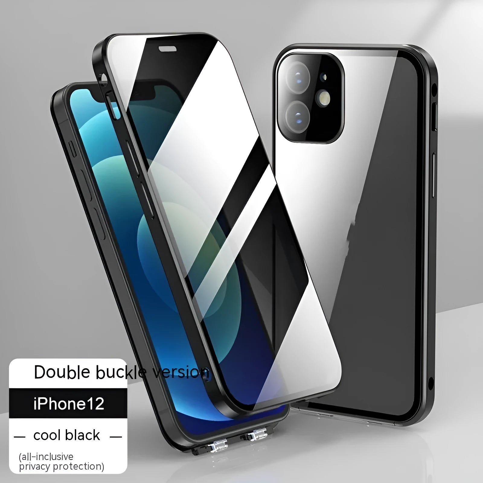 Glass back iPhone privacy case with double-sided buckle, shown in silver colour.