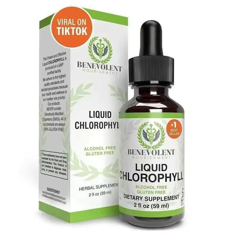 60ml bottle of natural liquid chlorophyll drops for adult dietary supplement use.