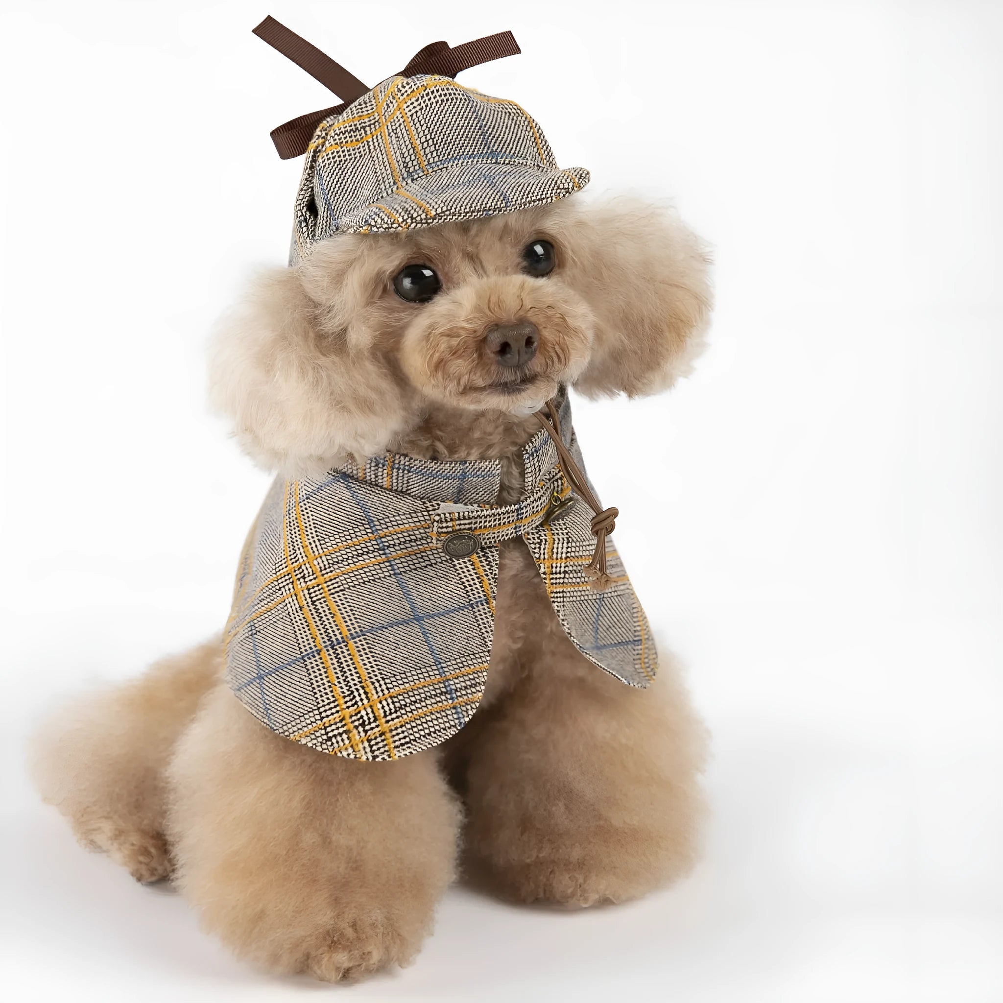 Camel-coloured cotton cloak with adjustable hat for a dog or cat, showing the cloak's style and fit.