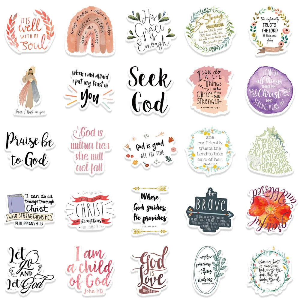 Assortment of colourful printed graffiti vinyl stickers from a 50-piece decorative pack.