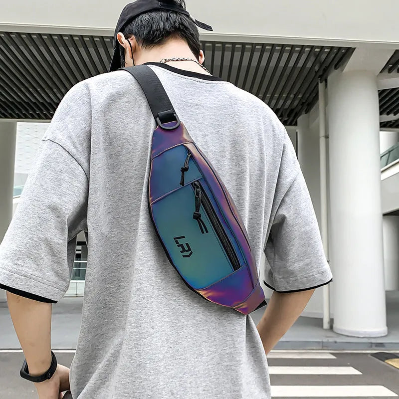 Blue crossbody cycling bag with reflective elements and open pocket design
