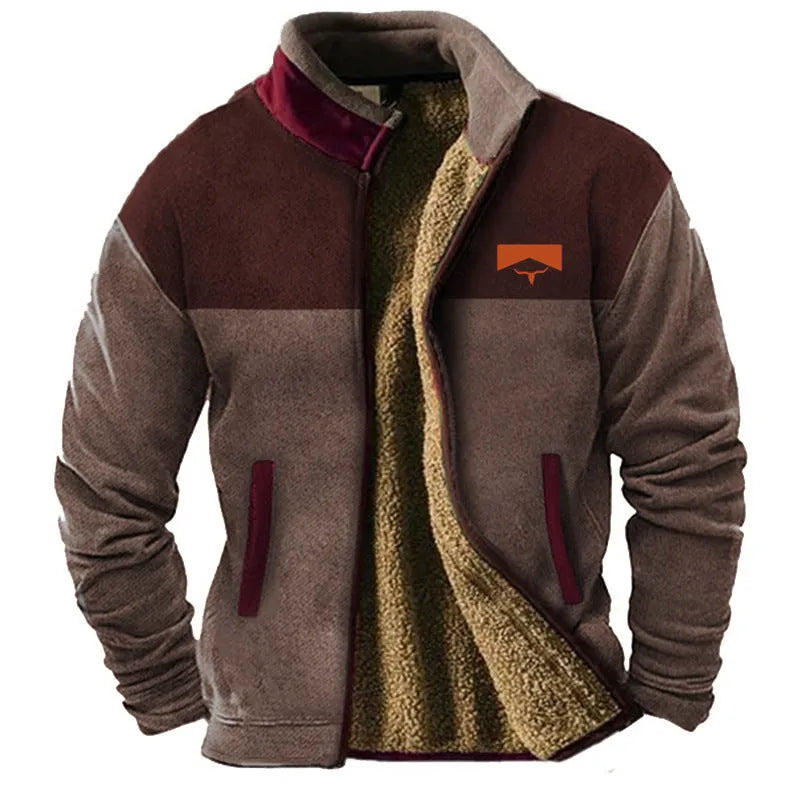 Men's green polyester fleece padded coat on a hanger, showing regular length and padded construction.
