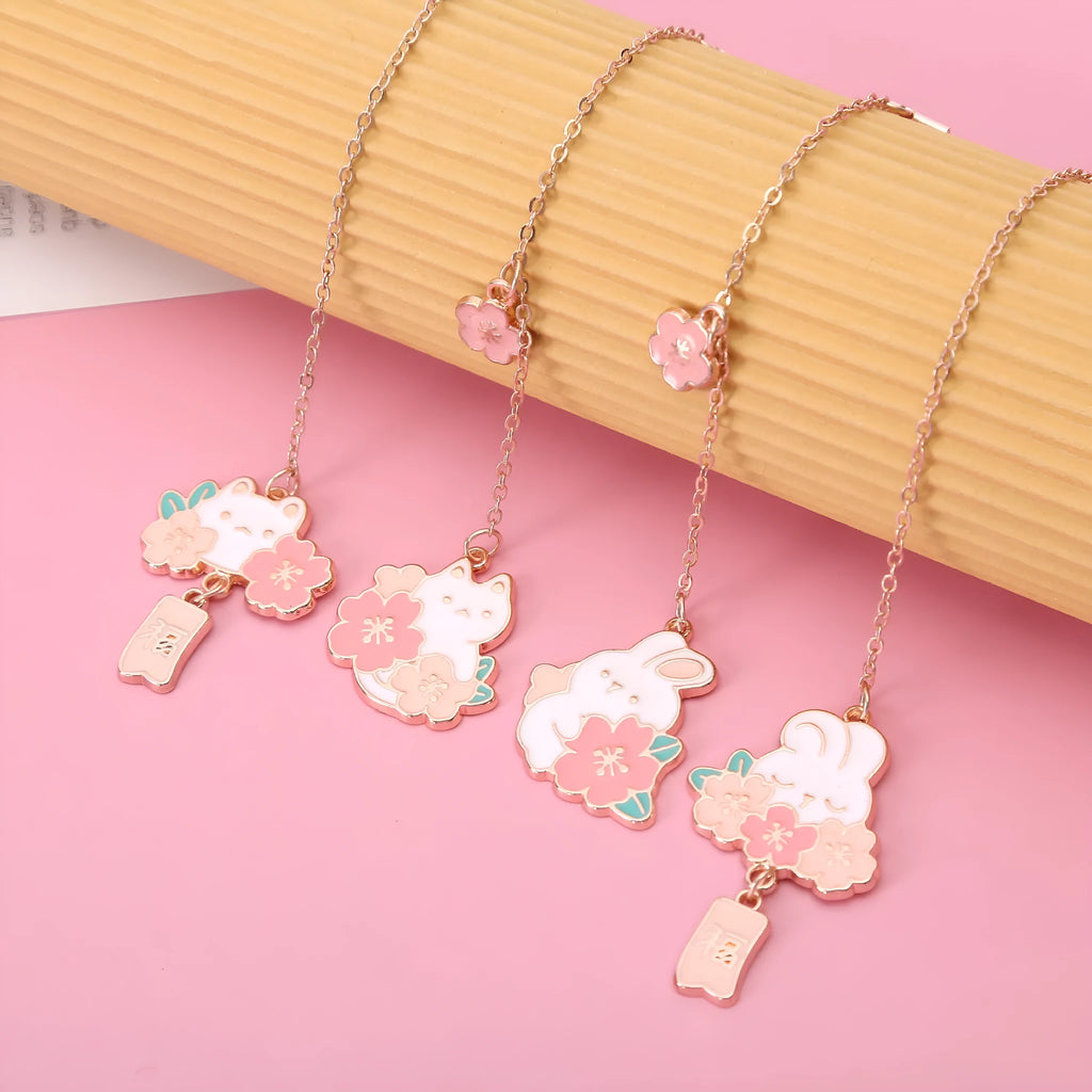 Cute cartoon metal pendant bookmark with cherry cat and sakura bunny designs