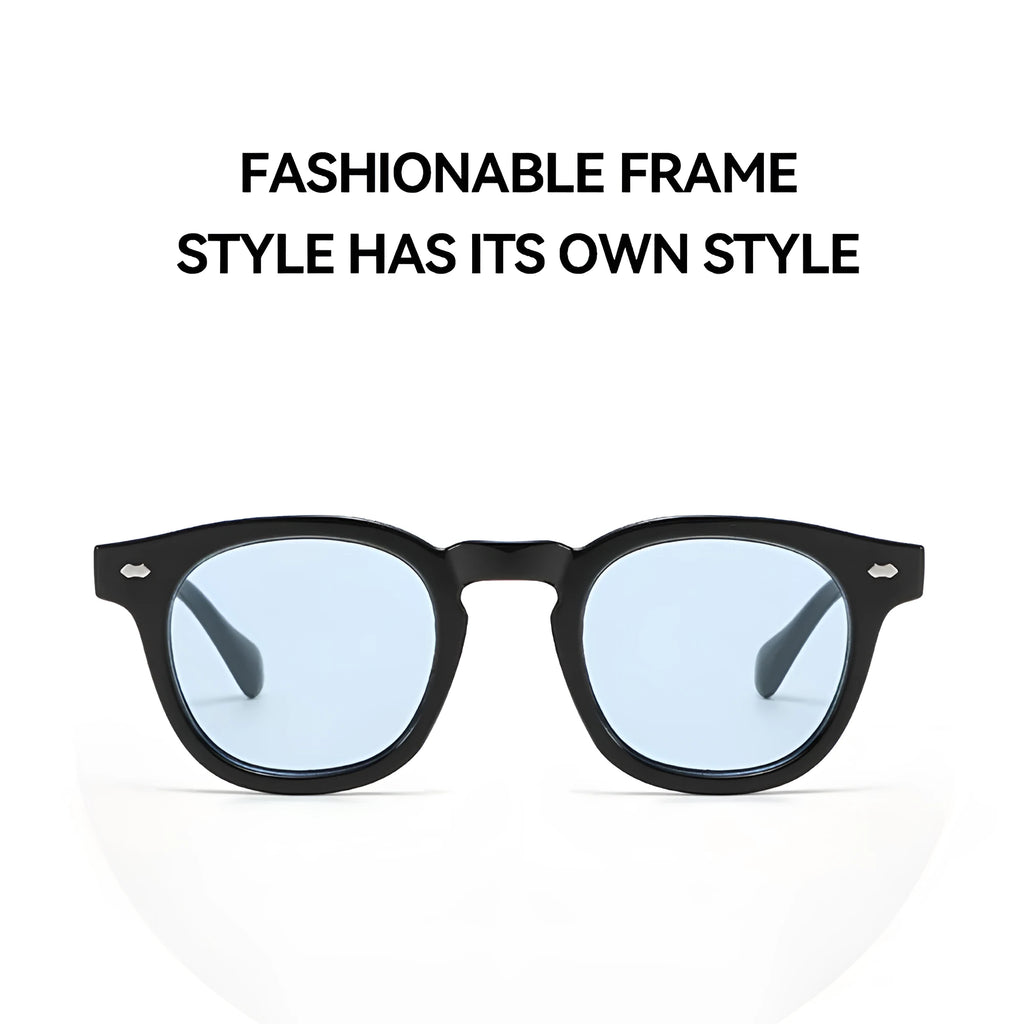 Round rim simple sunglasses in various colour options including bright black and transparent frames