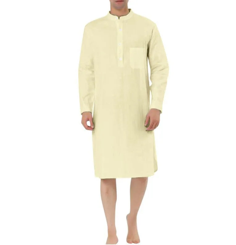 Men's cotton shirt robe in various colours shown with shirt-style front