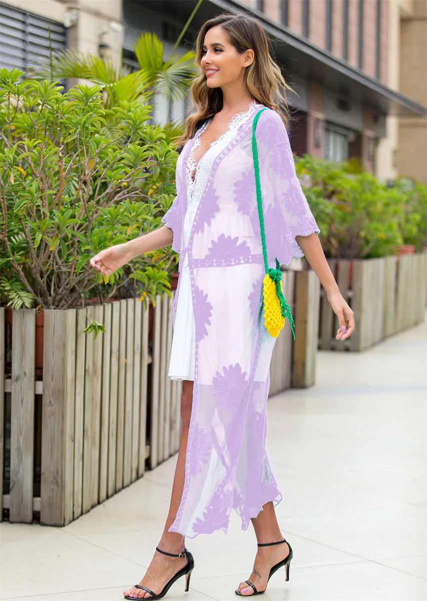 Light purple lace-embroidered beach cover-up dress for women, free size swimwear outerwear