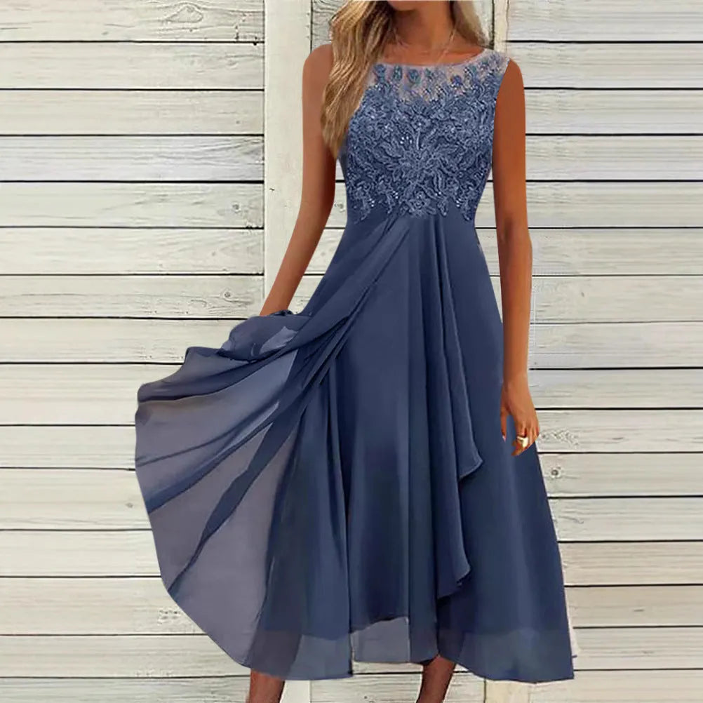 Women's sleeveless chiffon dress with lace hollow-out stitching in princess style