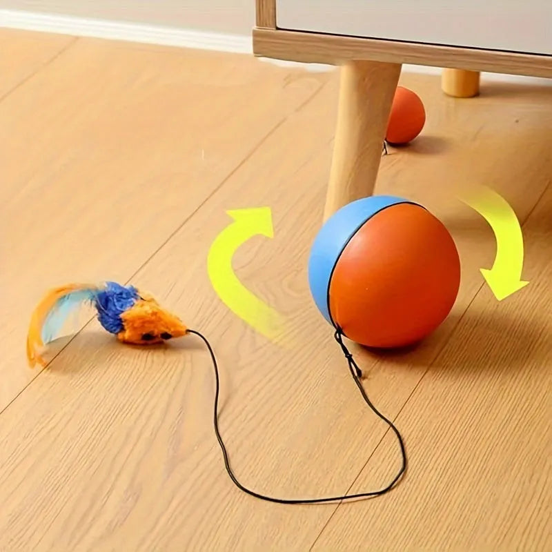 Interactive blue and orange cat toy ball with plush mouse attachment for feline exercise