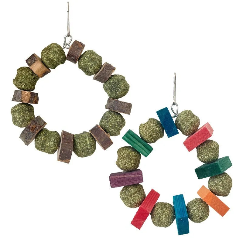 Hamster toy with straw ball ring and applewood chew rod for small pets