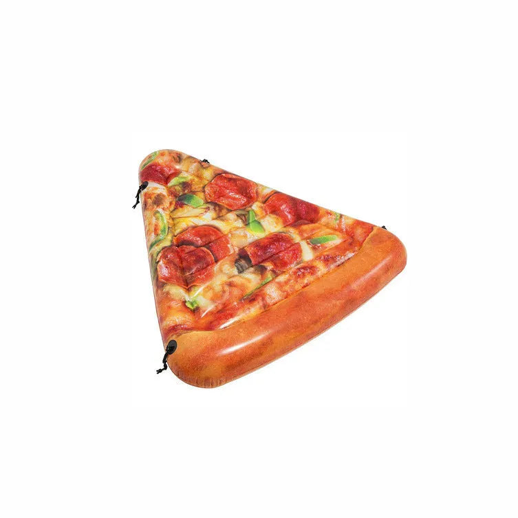 Large inflatable pizza surfboard recliner floating on water with bright multicolour design