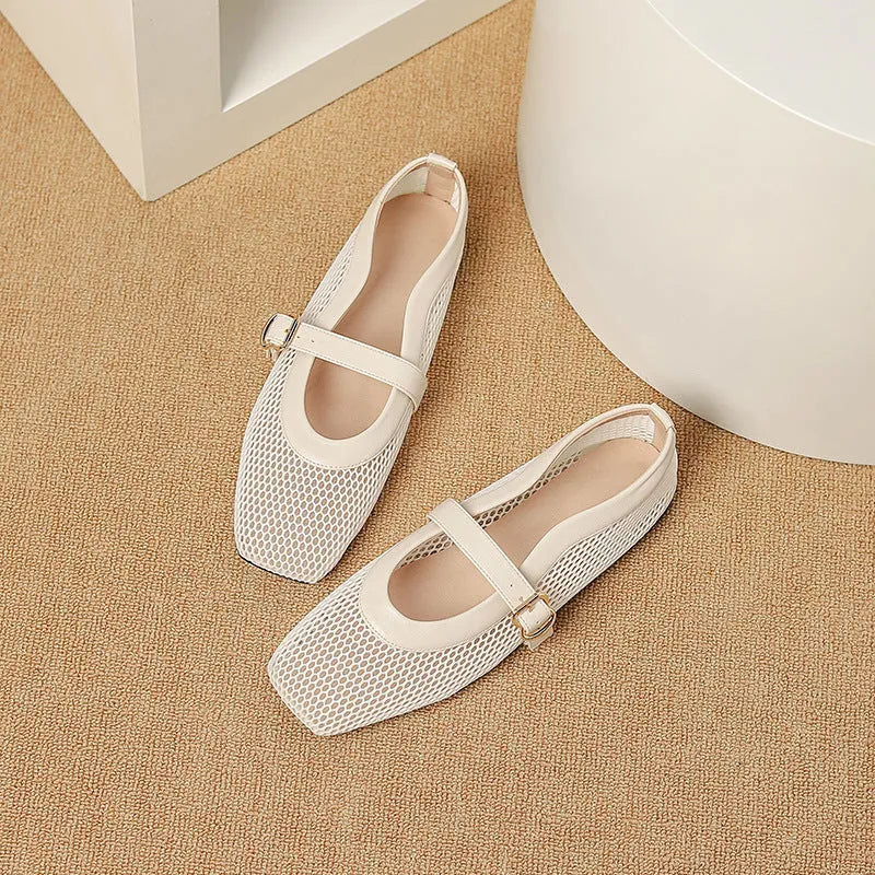 Women's beige mesh flat-heel pumps with square toe and buckle fastener on a white background.