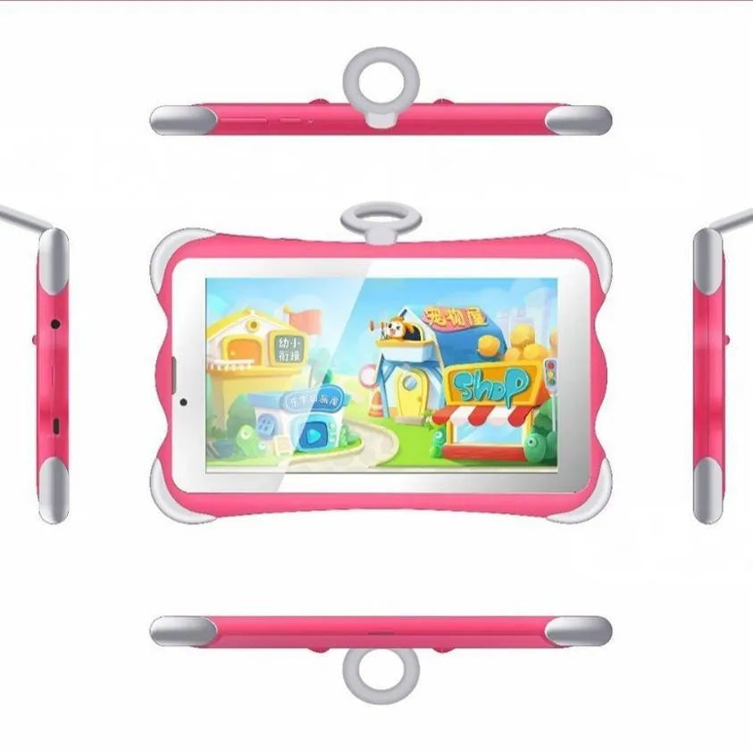 A 7-inch children's learning tablet in a cartoon colour, shown with its stand, on a table.
