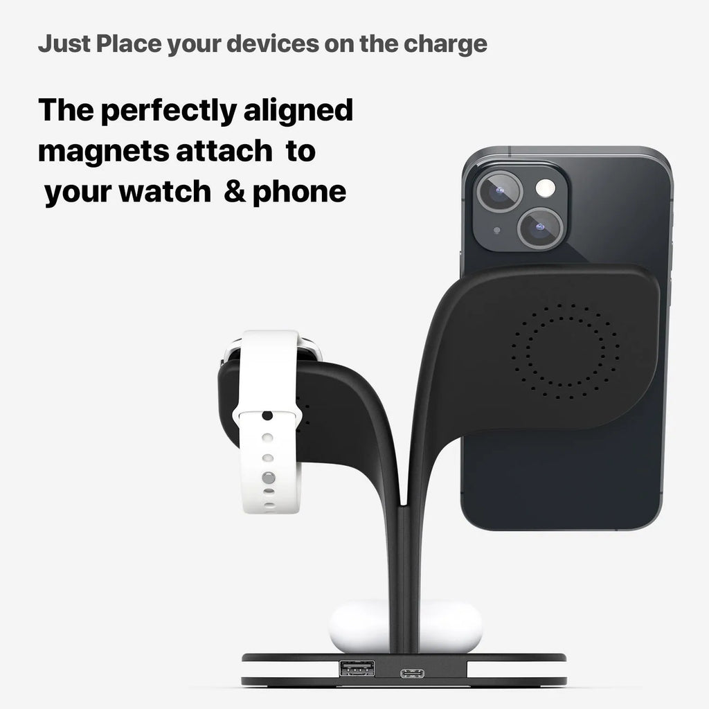 Black 3-in-1 desktop wireless charging stand showing phone, watch, and headphones charging simultaneously.
