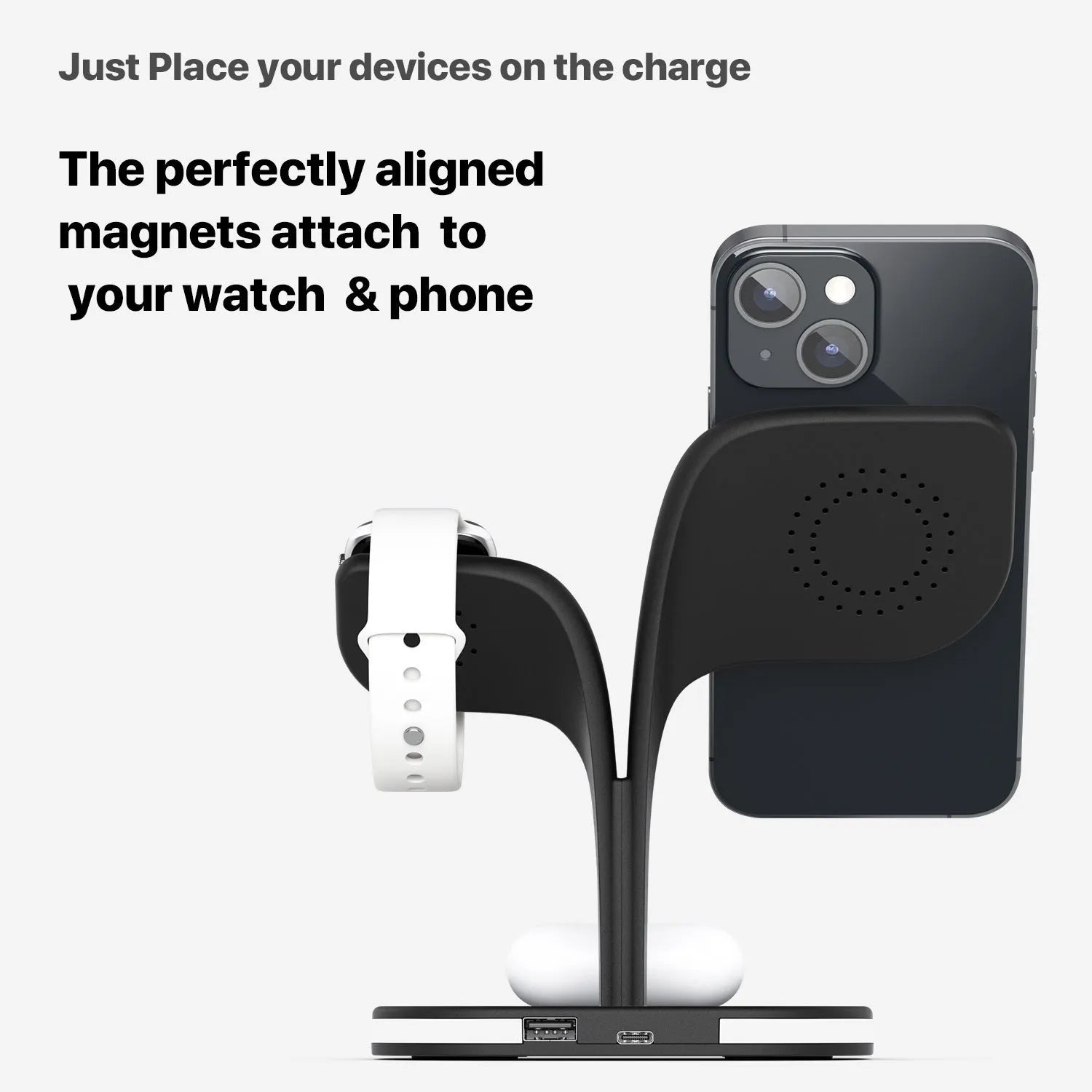 Black 3-in-1 desktop wireless charging stand showing phone, watch, and headphones charging simultaneously.