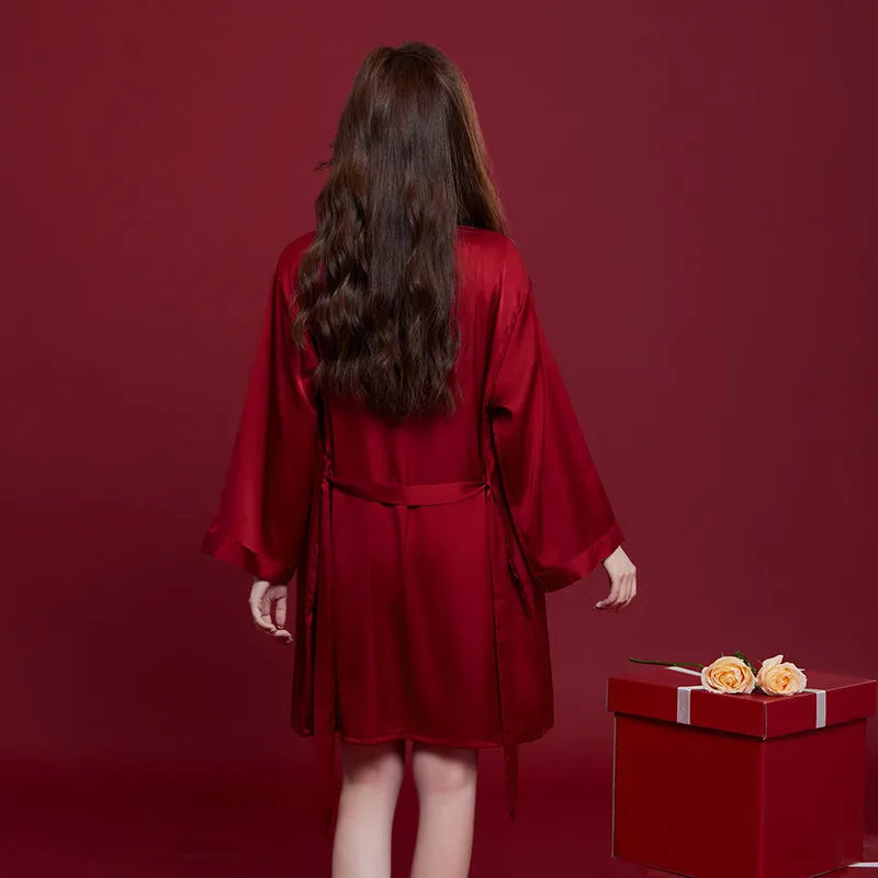 Red festive ice silk wedding dowry suit set for men and women with long sleeves and trousers