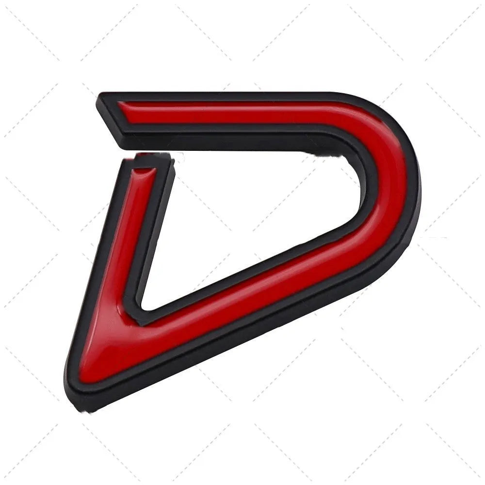 Red and silver metal car sticker with SD design for bumper application.
