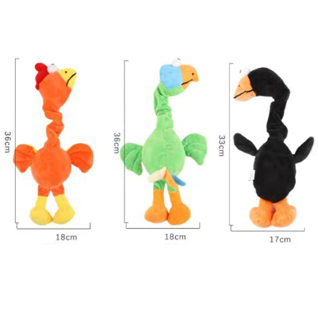 Screaming chicken sound squeaky dog chew toy in black, green, or orange.