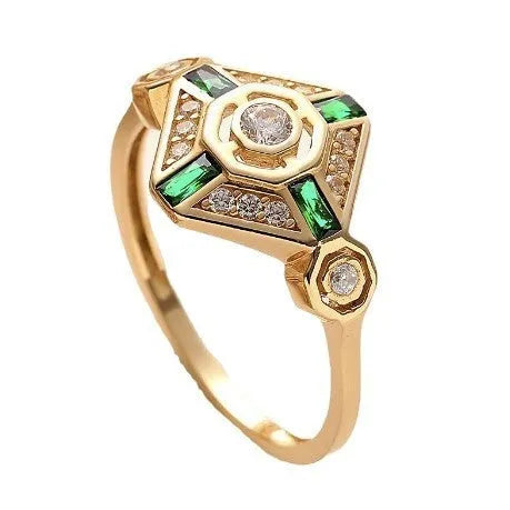 Square geometric emerald diamond ring in lvzuan colour with electroplated finish
