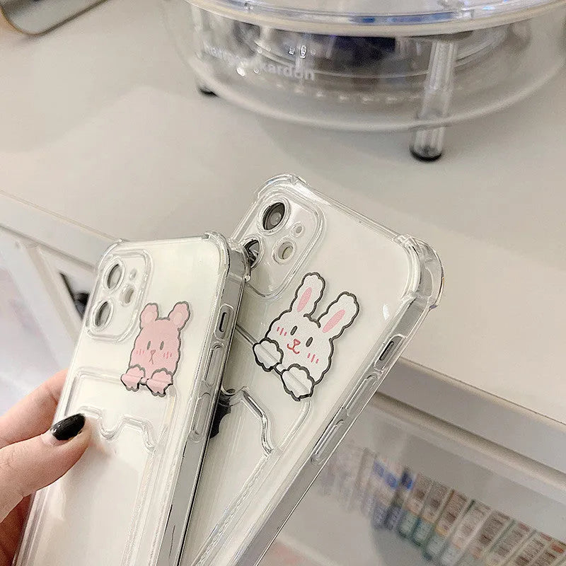 Transparent cartoon-painted iPhone case with built-in card holder slot in TPU material