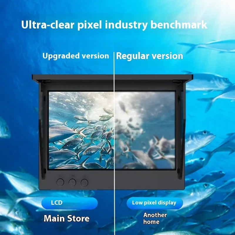 Fish finder unit with 4.3-inch IPS screen showing underwater HD camera feed with night vision lights.