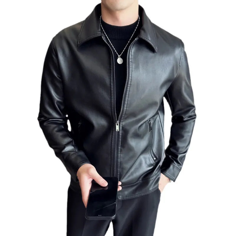 Black men's PU leather jacket with zip pockets and loose fit design