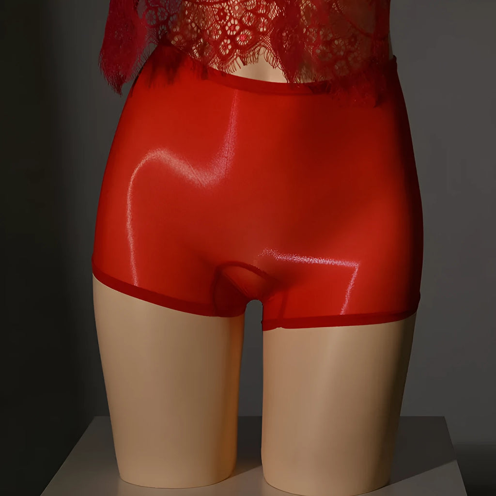 Men's shiny nylon underwear stockings in red, showing seamless construction and mid waist fit.