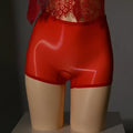 Men's shiny nylon underwear stockings in red, showing seamless construction and mid waist fit.