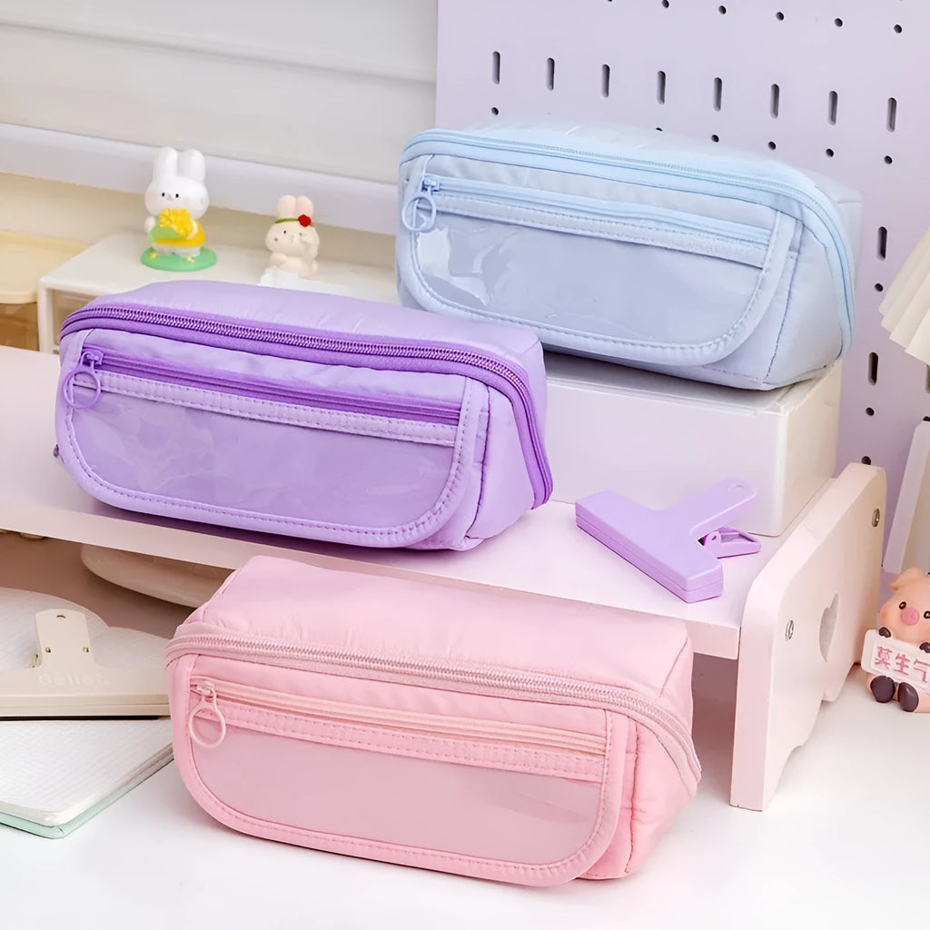 Canvas pencil case with multi-layer flip design in Korean style showing six colour options