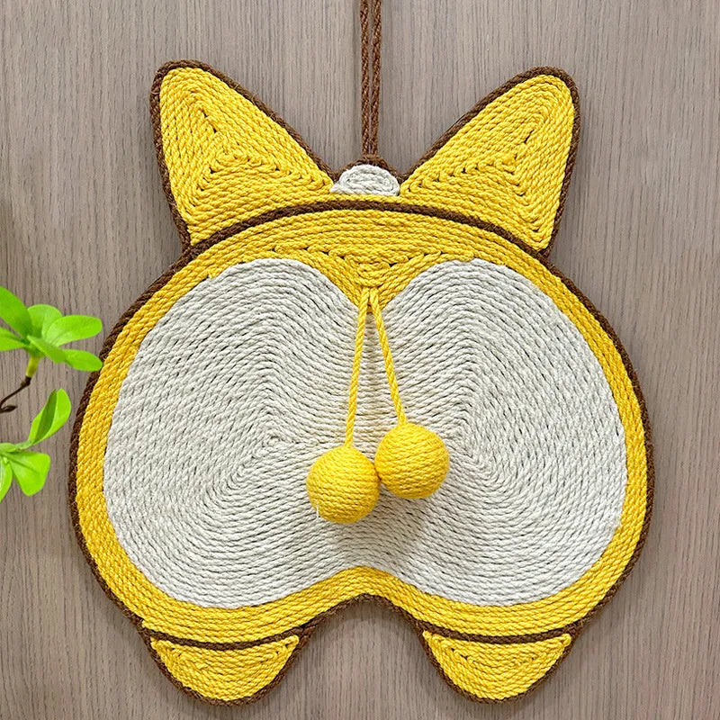 Yellow Corgi-shaped sisal cat scratching pad with anti-slip base and adhesive hooks.