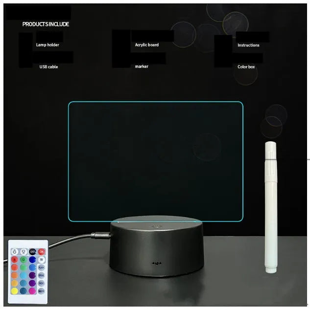 3D acrylic message board lamp with black crack base displaying handwritten text and glowing with multi-colour LED light