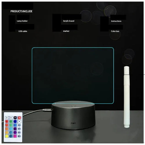 3D acrylic message board lamp with black crack base displaying handwritten text and glowing with multi-colour LED light
