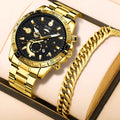 Gold stainless steel men's business watch with calendar display and steel bracelet
