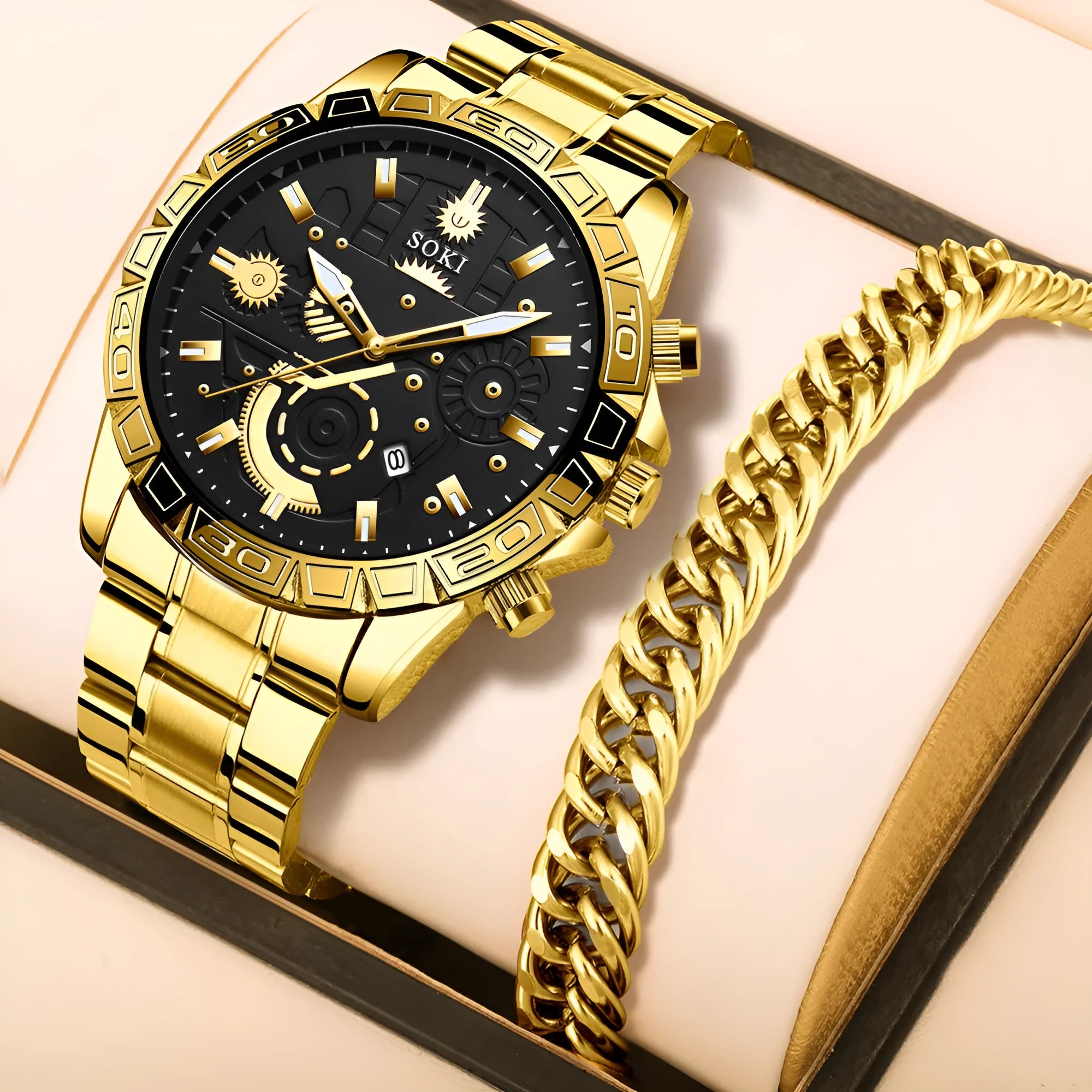 Gold stainless steel men's business watch with calendar display and steel bracelet