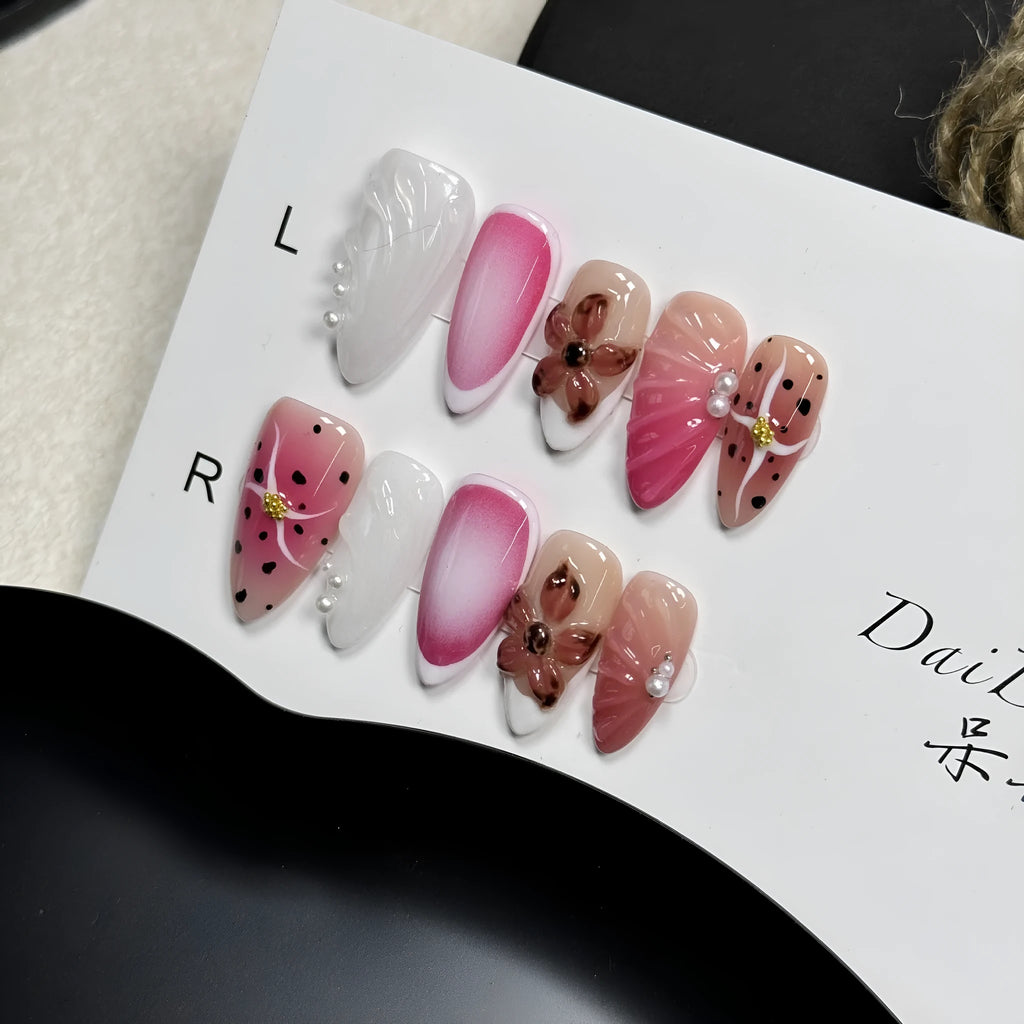 3D carved nail beauty patches with hand-painted embossed candy designs for almond nails