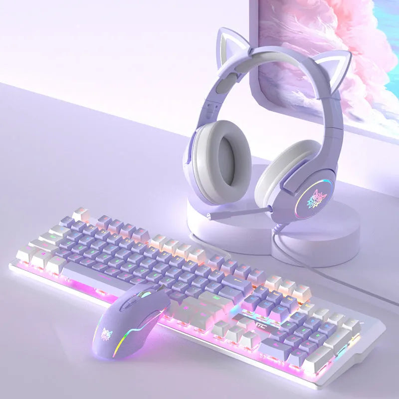 White and purple LED backlit mechanical keyboard and wired mouse set on a desk.