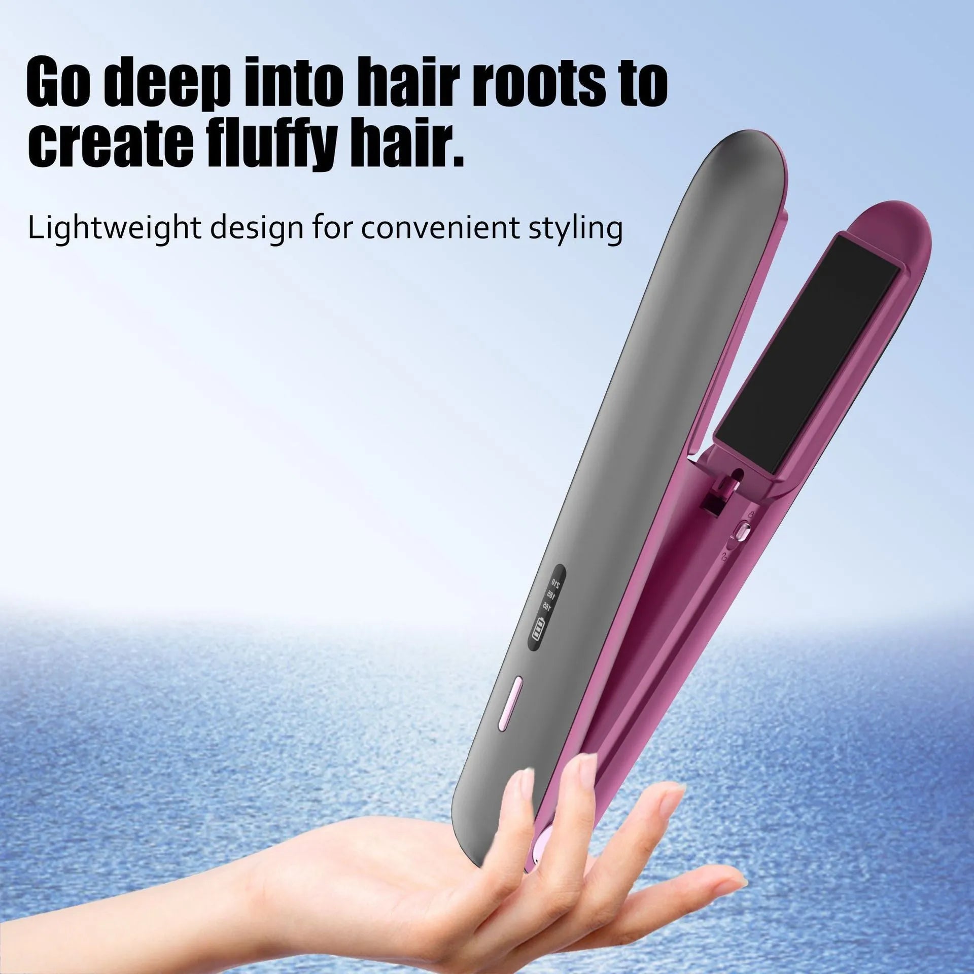 Moon shadow gray wireless hair straightener with tourmaline ceramic plates and temperature control dial