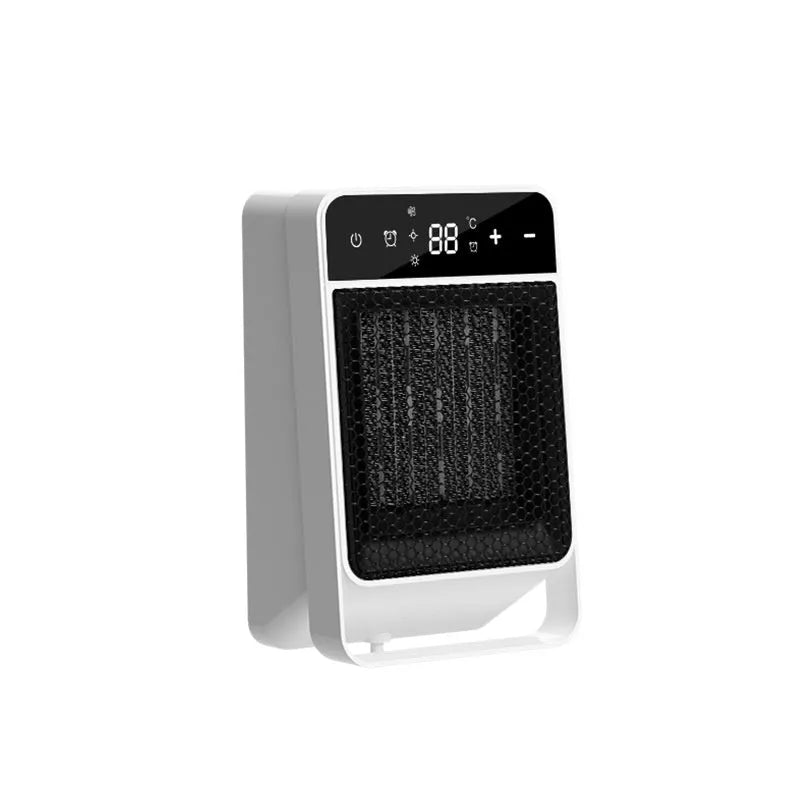 Black desktop electric heater with touch screen digital display and remote control on office desk