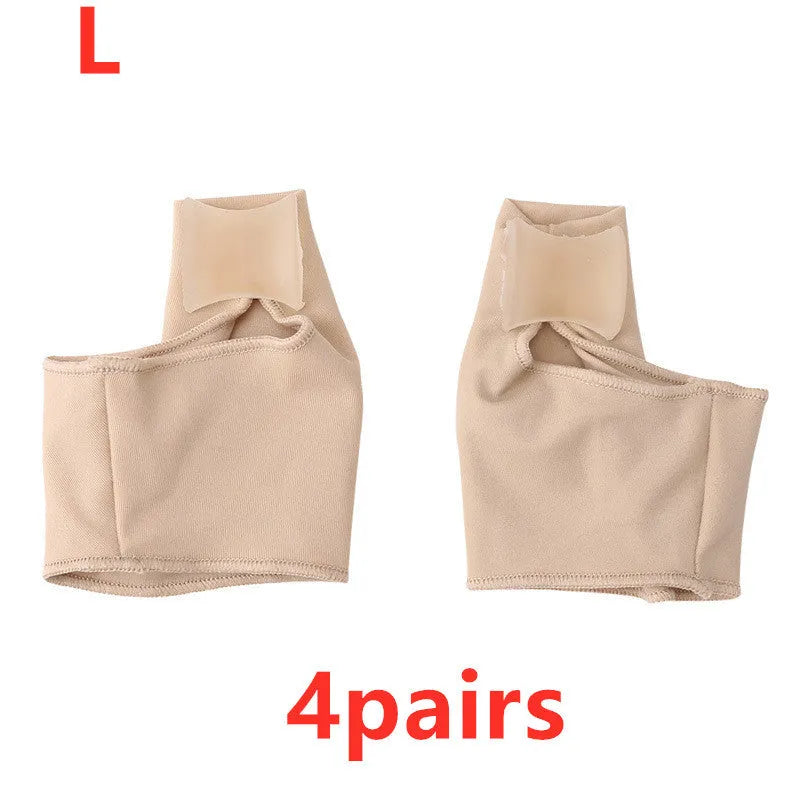 Pair of beige corrective toe socks with a clear silicone gel bunion pad and toe separator.