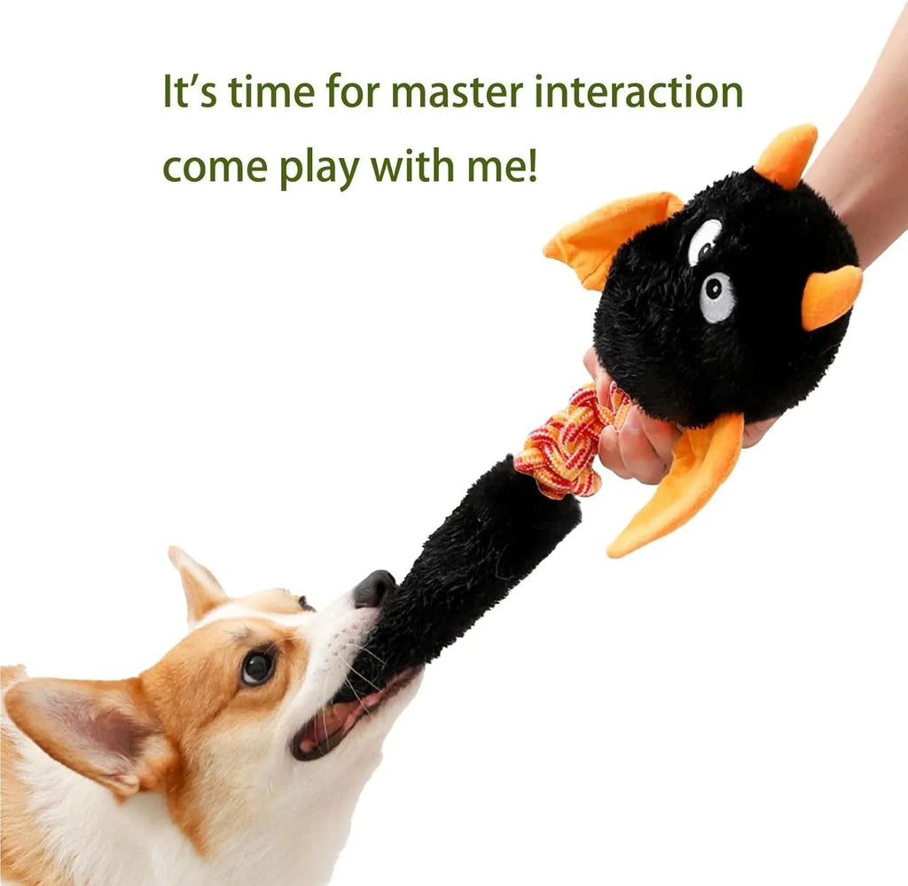 Soft rabbit fleece plush dog toy with squeaker and rope, in black, green, or red, measuring 44 cm long.