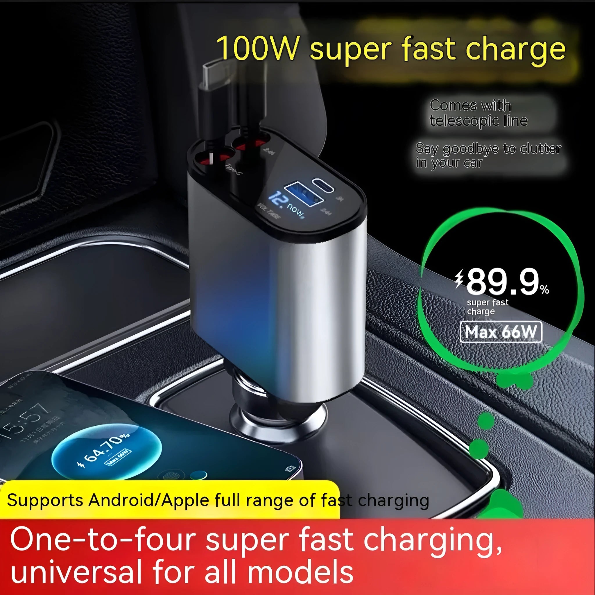 Retractable car charger with four-port USB adapter extending from vehicle cigarette lighter socket