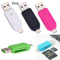 White OTG card reader with micro USB plug for Android phones and computers, showing SD and TF card slots.