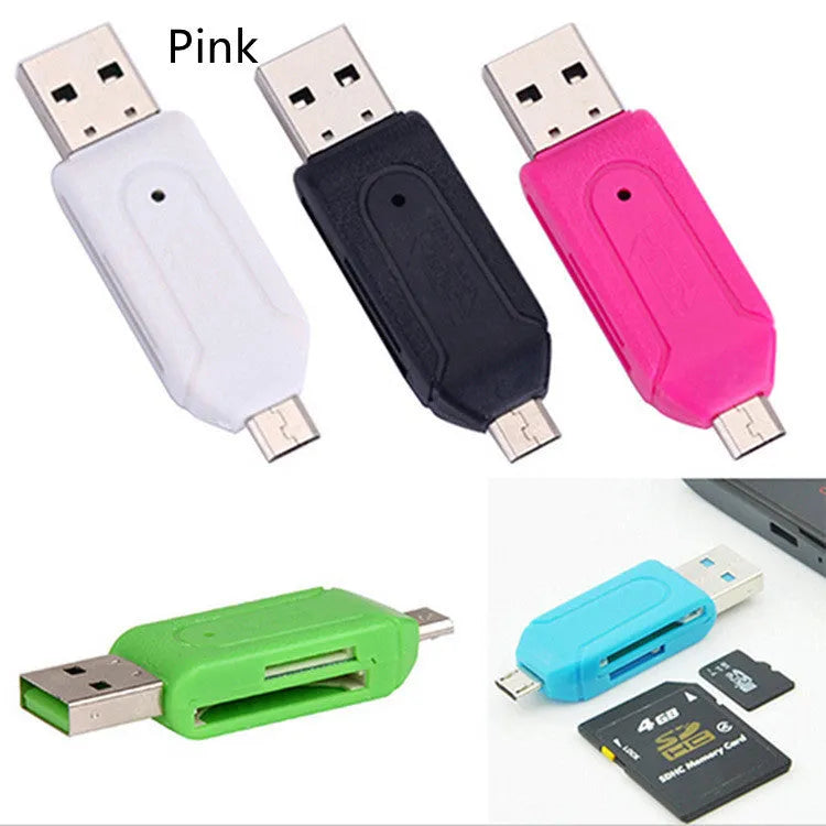 White OTG card reader with micro USB plug for Android phones and computers, showing SD and TF card slots.