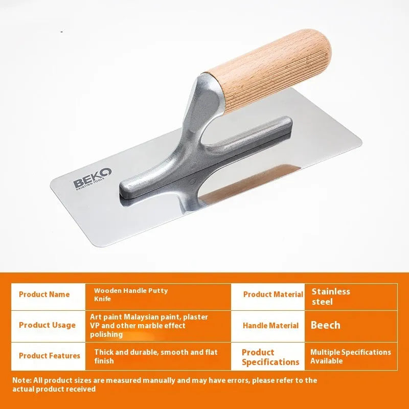 Stainless steel blade putty scraper with wooden handle for floor and wall cement work