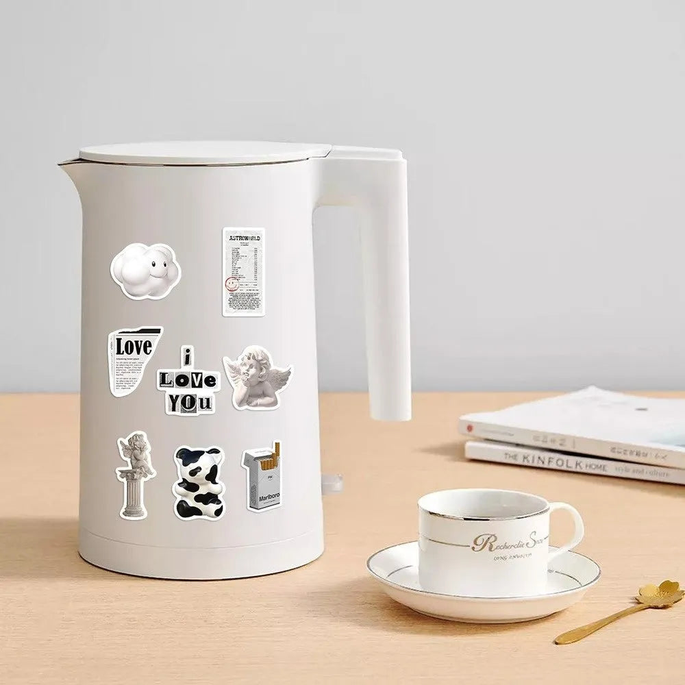 61 black and white waterproof vinyl stickers with coffee and tea cup designs for laptops and phones
