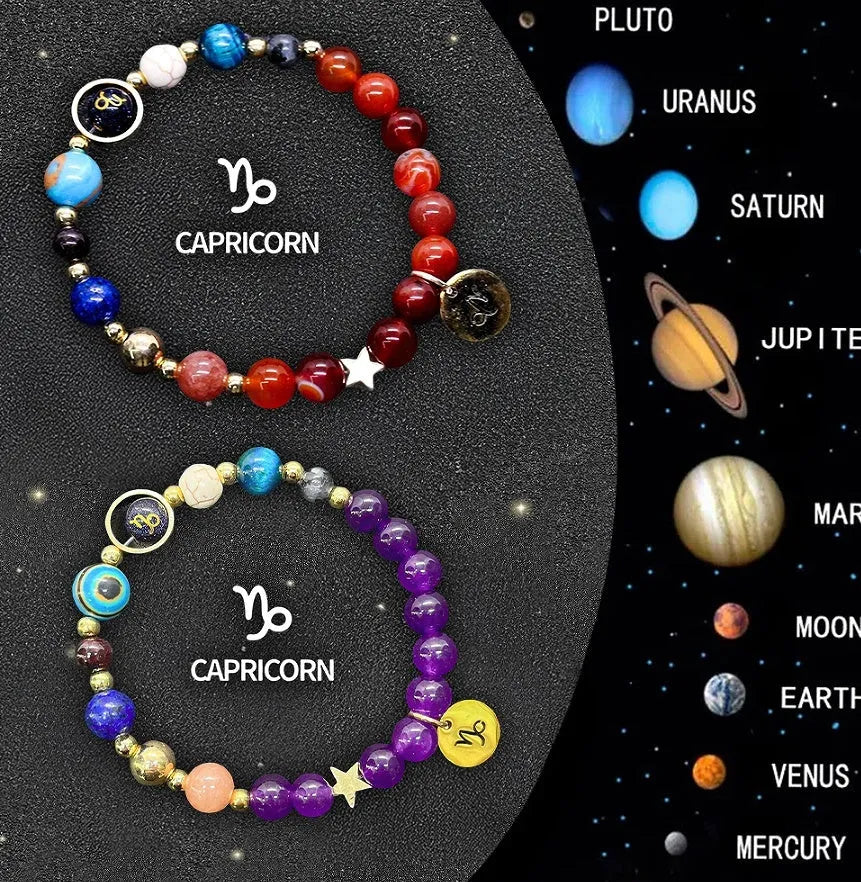 Set of two natural stone beaded bracelets featuring zodiac sign designs on an adjustable band.